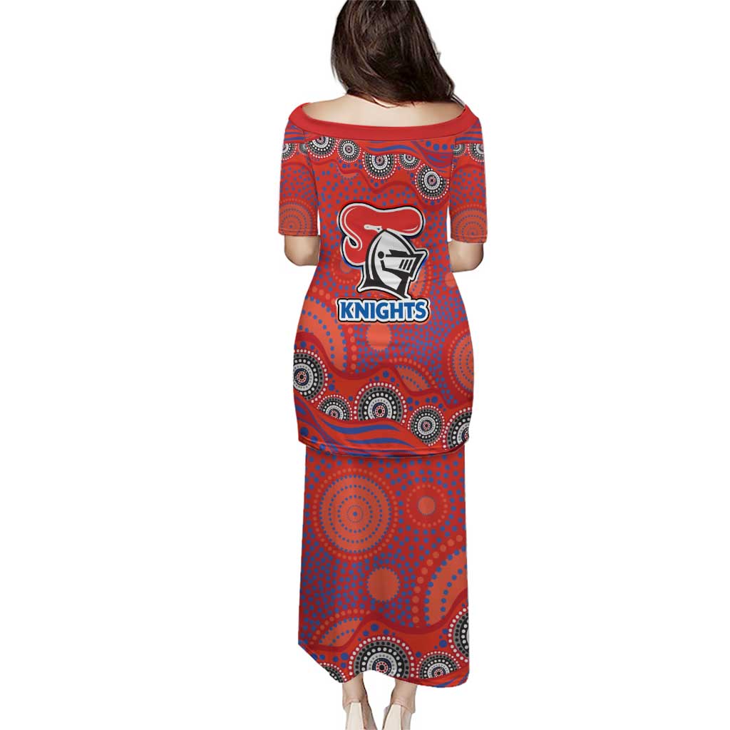 Newcastle Knights Family Matching Puletasi and Hawaiian Shirt Aboriginal Dot Pattern - Rugby Mascot Heritage Pride