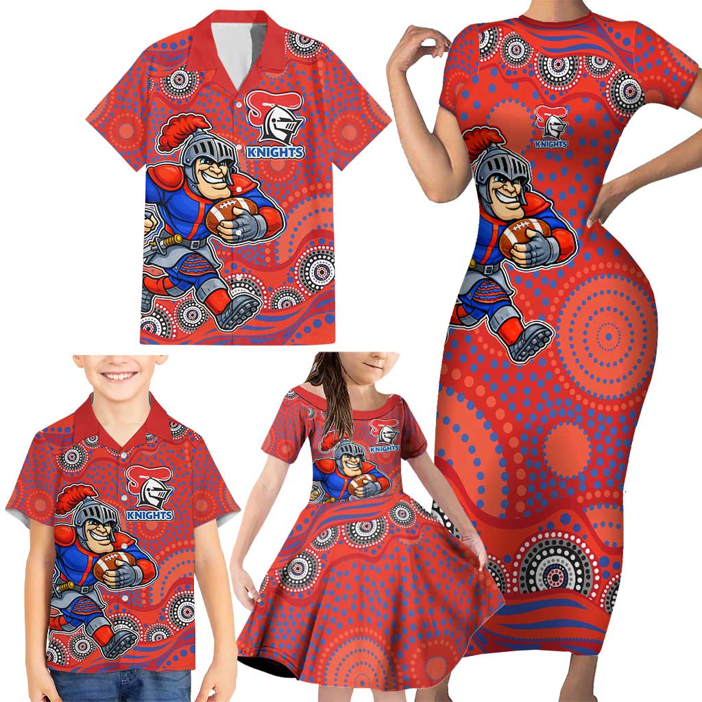 Newcastle Knights Family Matching Short Sleeve Bodycon Dress and Hawaiian Shirt Aboriginal Dot Pattern - Rugby Mascot Heritage Pride