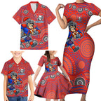 Newcastle Knights Family Matching Short Sleeve Bodycon Dress and Hawaiian Shirt Aboriginal Dot Pattern - Rugby Mascot Heritage Pride