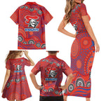 Newcastle Knights Family Matching Short Sleeve Bodycon Dress and Hawaiian Shirt Aboriginal Dot Pattern - Rugby Mascot Heritage Pride