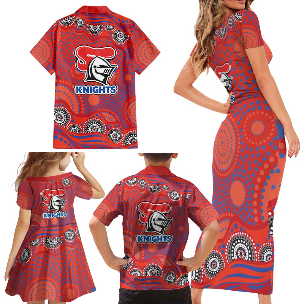 Newcastle Knights Family Matching Short Sleeve Bodycon Dress and Hawaiian Shirt Aboriginal Dot Pattern - Rugby Mascot Heritage Pride