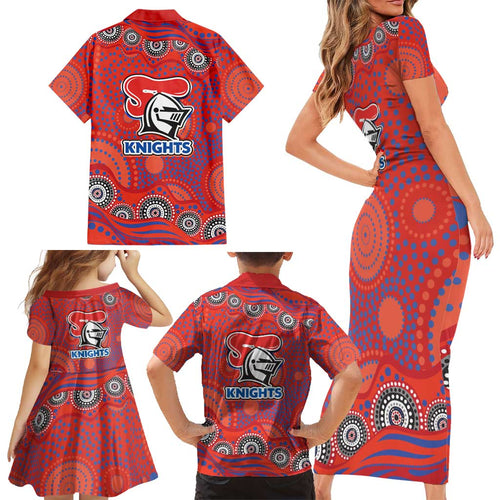 Newcastle Knights Family Matching Short Sleeve Bodycon Dress and Hawaiian Shirt Aboriginal Dot Pattern - Rugby Mascot Heritage Pride