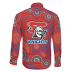 Newcastle Knights Family Matching Short Sleeve Bodycon Dress and Hawaiian Shirt Aboriginal Dot Pattern - Rugby Mascot Heritage Pride