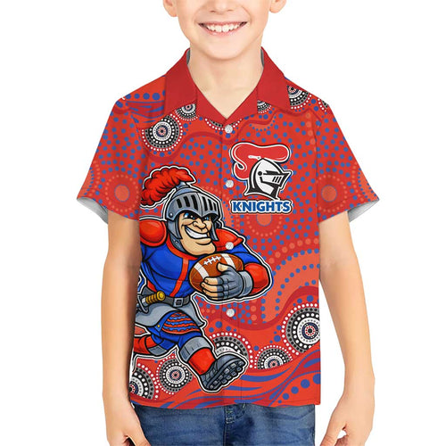 Newcastle Knights Family Matching Short Sleeve Bodycon Dress and Hawaiian Shirt Aboriginal Dot Pattern - Rugby Mascot Heritage Pride