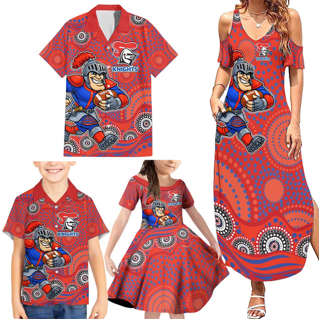 Newcastle Knights Family Matching Summer Maxi Dress and Hawaiian Shirt Aboriginal Dot Pattern - Rugby Mascot Heritage Pride