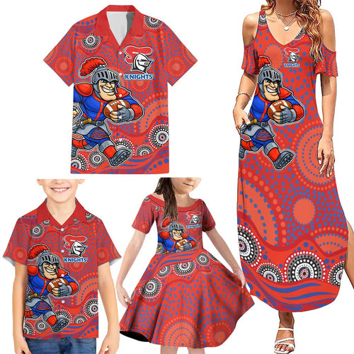 Newcastle Knights Family Matching Summer Maxi Dress and Hawaiian Shirt Aboriginal Dot Pattern - Rugby Mascot Heritage Pride