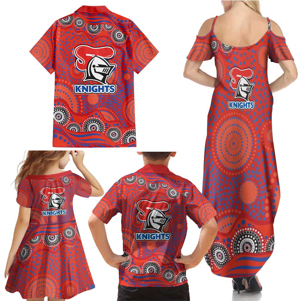 Newcastle Knights Family Matching Summer Maxi Dress and Hawaiian Shirt Aboriginal Dot Pattern - Rugby Mascot Heritage Pride