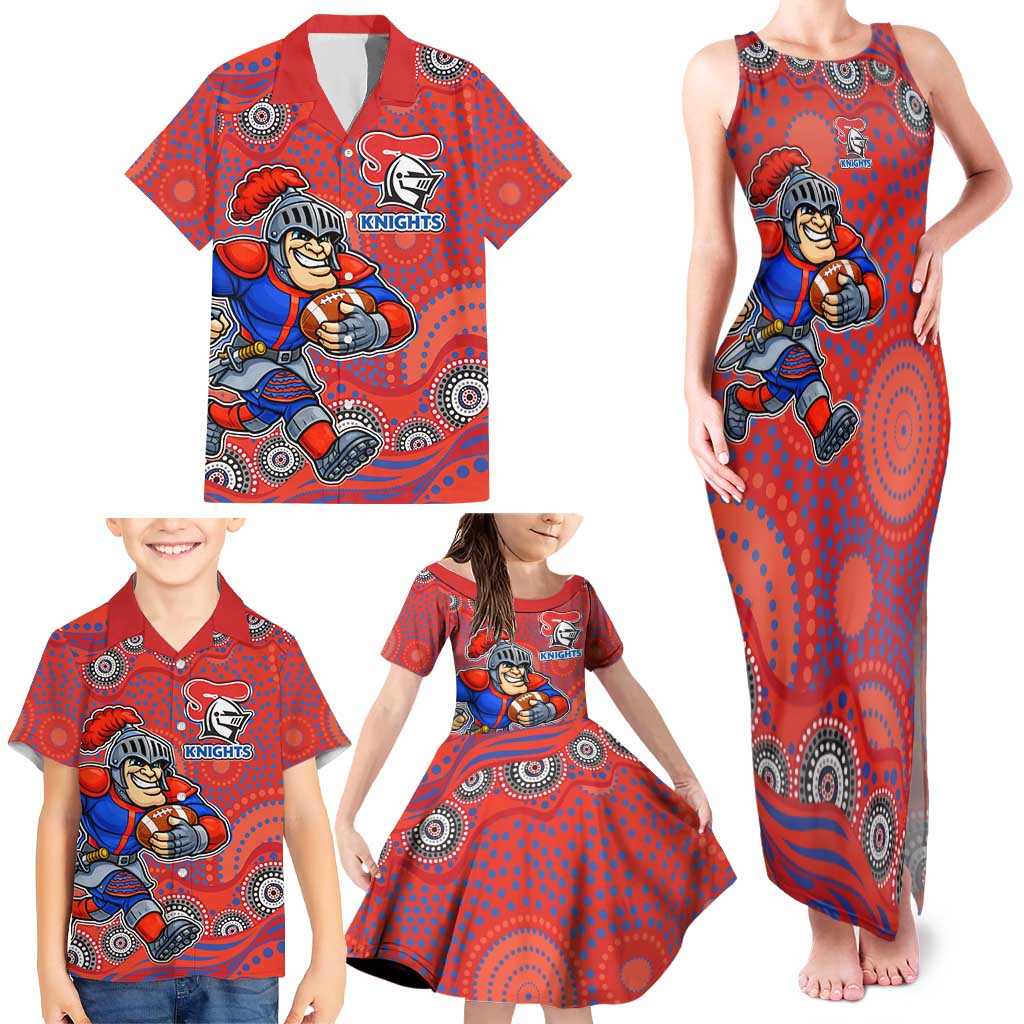 Newcastle Knights Family Matching Tank Maxi Dress and Hawaiian Shirt Aboriginal Dot Pattern - Rugby Mascot Heritage Pride