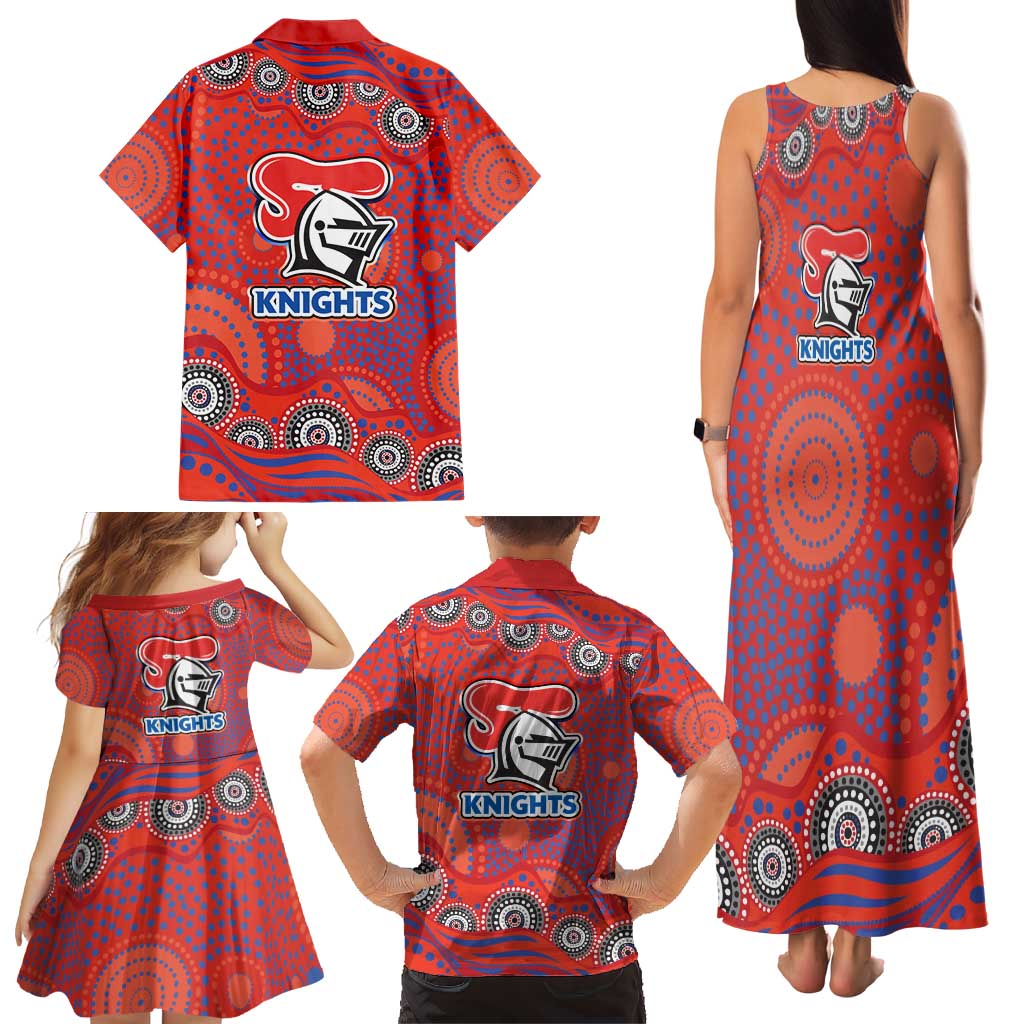 Newcastle Knights Family Matching Tank Maxi Dress and Hawaiian Shirt Aboriginal Dot Pattern - Rugby Mascot Heritage Pride