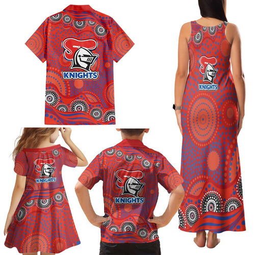 Newcastle Knights Family Matching Tank Maxi Dress and Hawaiian Shirt Aboriginal Dot Pattern - Rugby Mascot Heritage Pride
