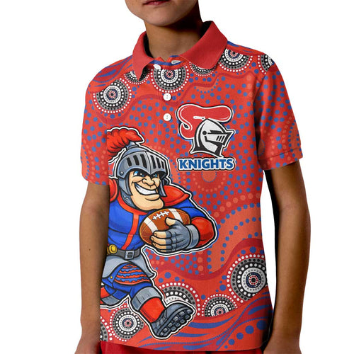 Newcastle Knights Kid Polo Shirt Aboriginal Dot Pattern - Rugby Mascot Heritage Pride