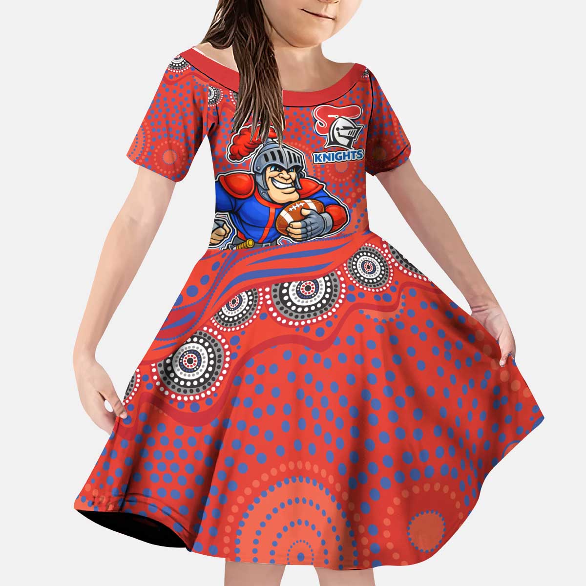 Newcastle Knights Kid Short Sleeve Dress Aboriginal Dot Pattern - Rugby Mascot Heritage Pride