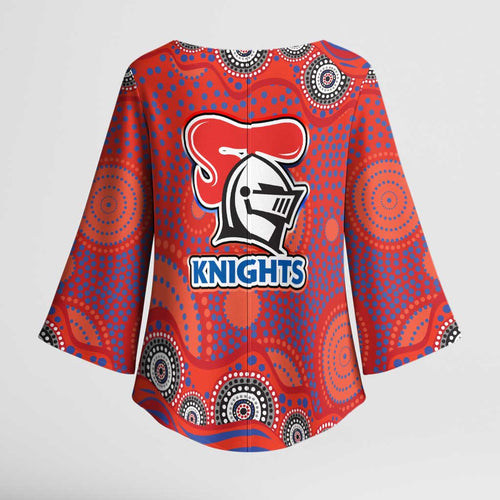 Newcastle Knights Kimono Sleeve Blouse Aboriginal Dot Pattern - Rugby Mascot Heritage Pride