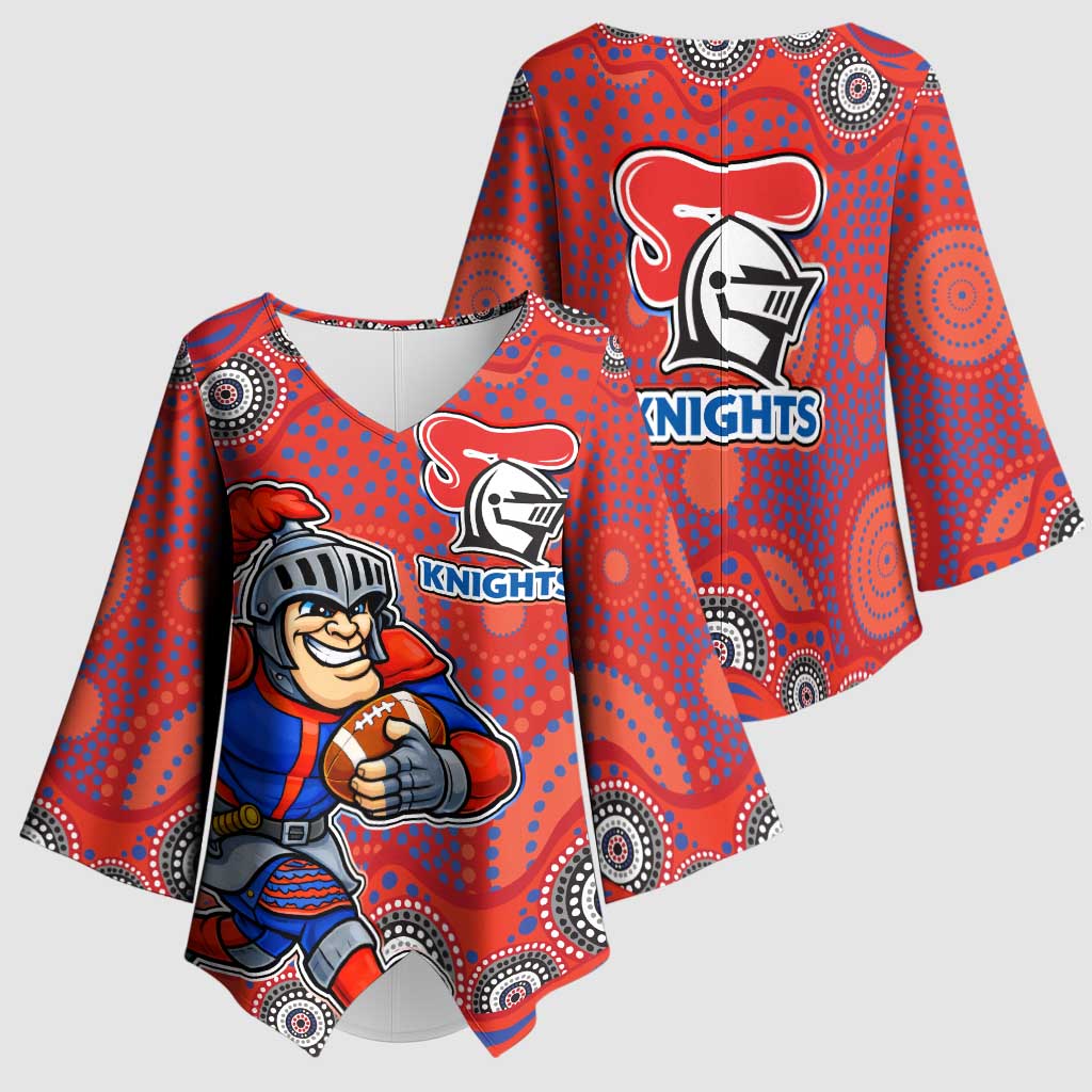 Newcastle Knights Kimono Sleeve Blouse Aboriginal Dot Pattern - Rugby Mascot Heritage Pride