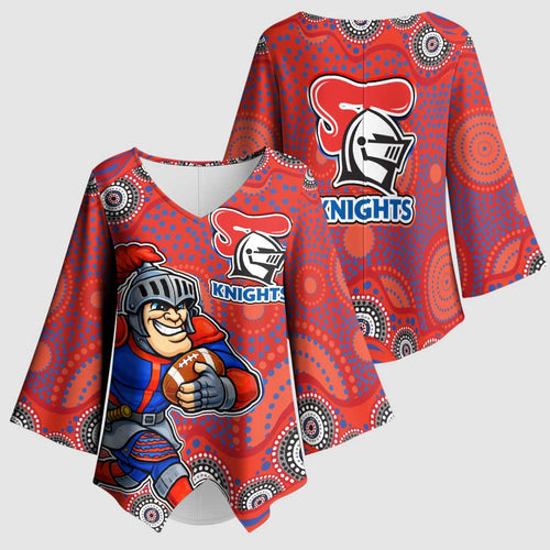 Newcastle Knights Kimono Sleeve Blouse Aboriginal Dot Pattern - Rugby Mascot Heritage Pride
