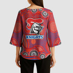 Newcastle Knights Kimono Sleeve Blouse Aboriginal Dot Pattern - Rugby Mascot Heritage Pride