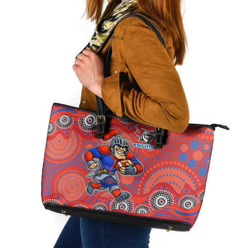 Newcastle Knights Leather Tote Bag Aboriginal Dot Pattern - Rugby Mascot Heritage Pride