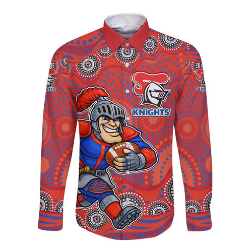 Newcastle Knights Long Sleeve Button Shirt Aboriginal Dot Pattern - Rugby Mascot Heritage Pride