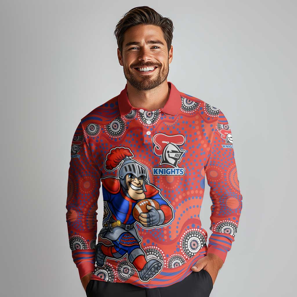 Newcastle Knights Long Sleeve Polo Shirt Aboriginal Dot Pattern - Rugby Mascot Heritage Pride