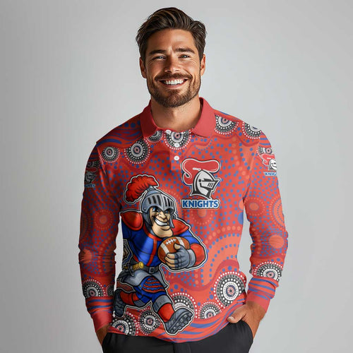 Newcastle Knights Long Sleeve Polo Shirt Aboriginal Dot Pattern - Rugby Mascot Heritage Pride