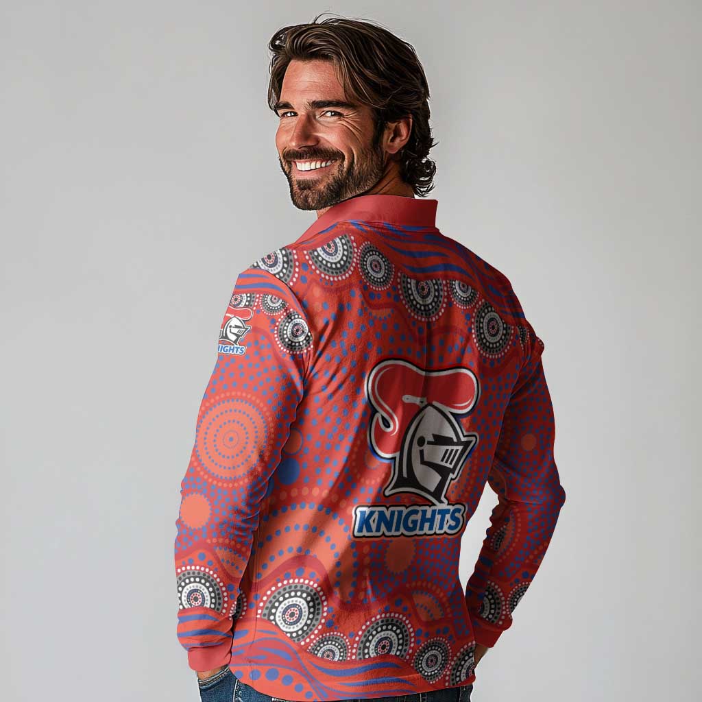 Newcastle Knights Long Sleeve Polo Shirt Aboriginal Dot Pattern - Rugby Mascot Heritage Pride