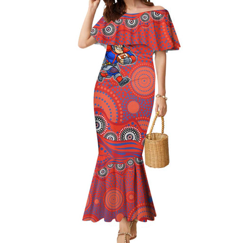 Newcastle Knights Mermaid Dress Aboriginal Dot Pattern - Rugby Mascot Heritage Pride