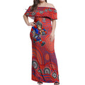 Newcastle Knights Off Shoulder Maxi Dress Aboriginal Dot Pattern - Rugby Mascot Heritage Pride