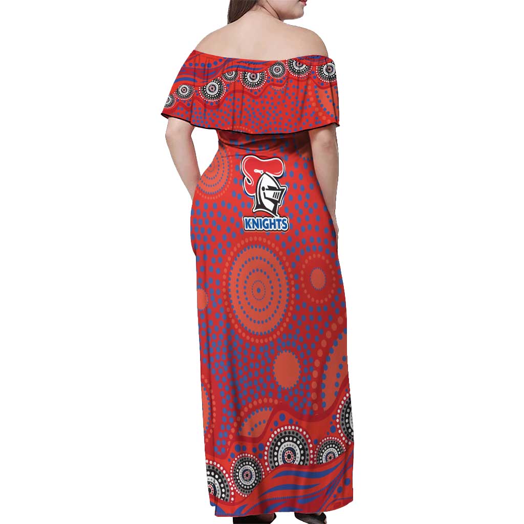 Newcastle Knights Off Shoulder Maxi Dress Aboriginal Dot Pattern - Rugby Mascot Heritage Pride