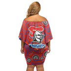 Newcastle Knights Off Shoulder Short Dress Aboriginal Dot Pattern - Rugby Mascot Heritage Pride