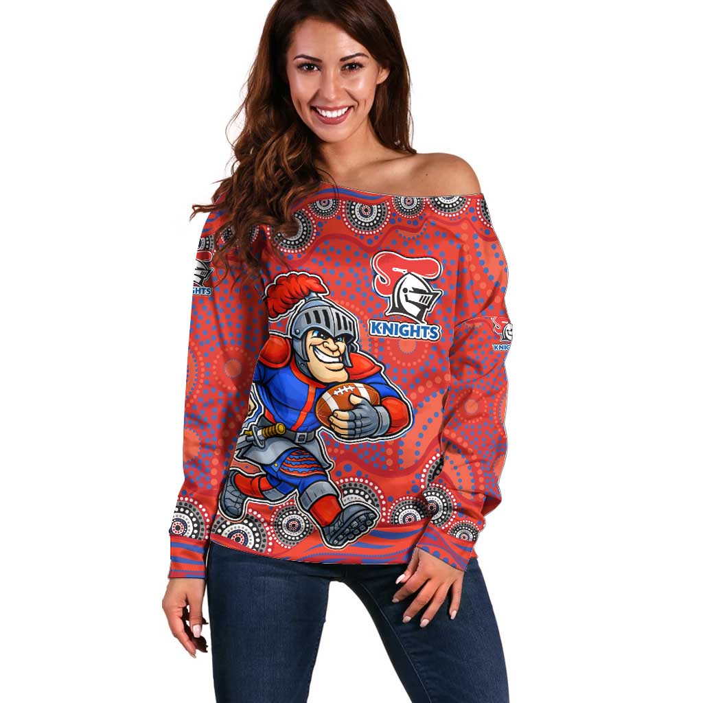 Newcastle Knights Off Shoulder Sweater Aboriginal Dot Pattern - Rugby Mascot Heritage Pride