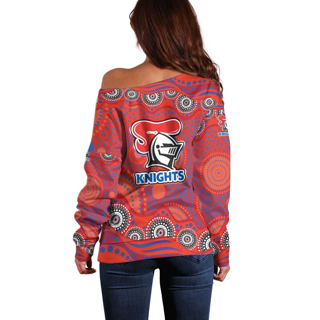 Newcastle Knights Off Shoulder Sweater Aboriginal Dot Pattern - Rugby Mascot Heritage Pride