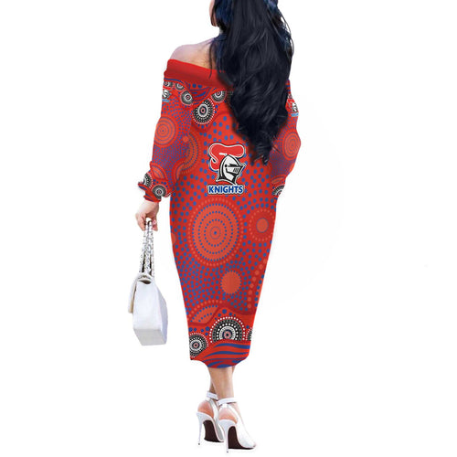 Newcastle Knights Off The Shoulder Long Sleeve Dress Aboriginal Dot Pattern - Rugby Mascot Heritage Pride