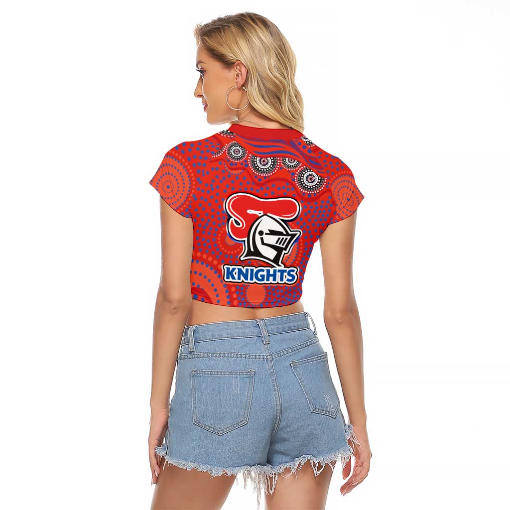 Newcastle Knights Raglan Cropped T Shirt Aboriginal Dot Pattern - Rugby Mascot Heritage Pride