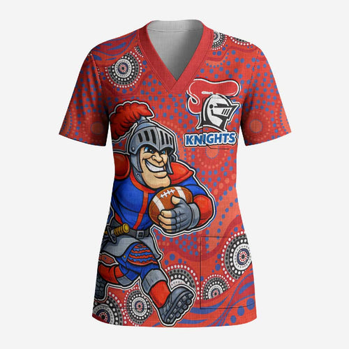 Newcastle Knights Scrub Top Aboriginal Dot Pattern - Rugby Mascot Heritage Pride
