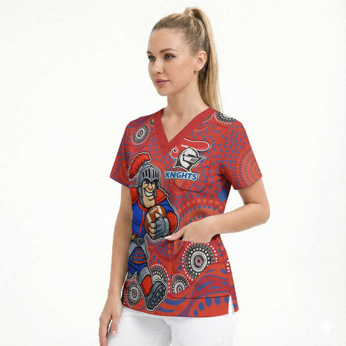 Newcastle Knights Scrub Top Aboriginal Dot Pattern - Rugby Mascot Heritage Pride