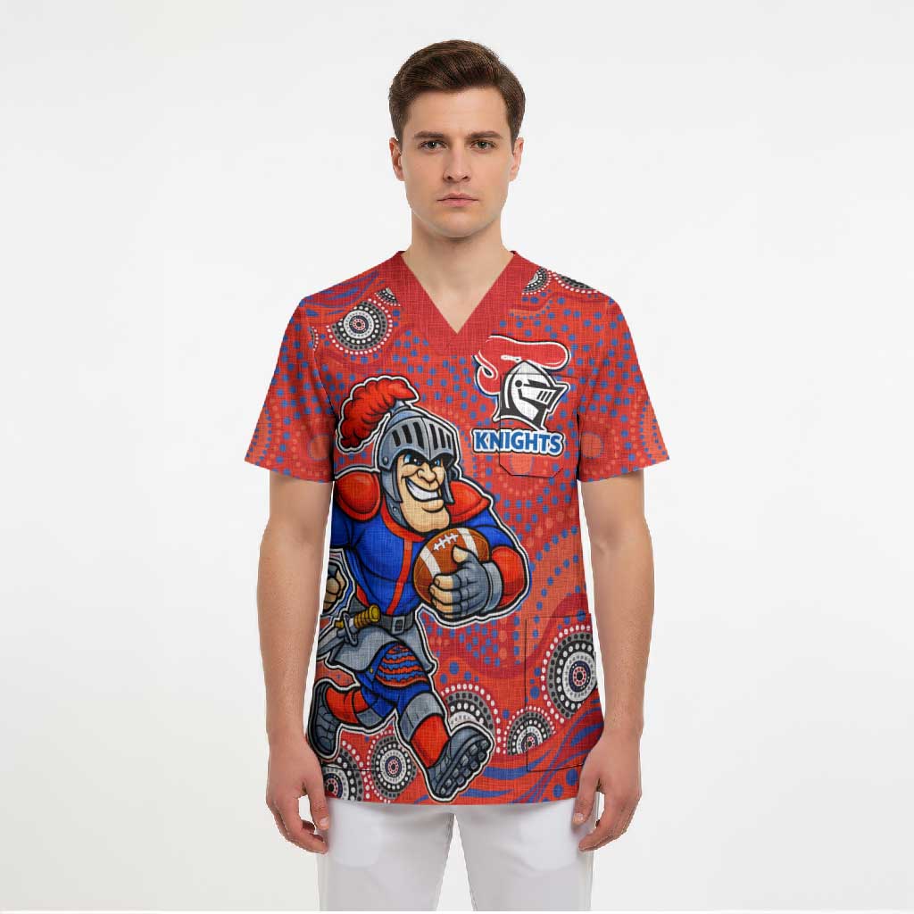 Newcastle Knights Scrub Top Aboriginal Dot Pattern - Rugby Mascot Heritage Pride