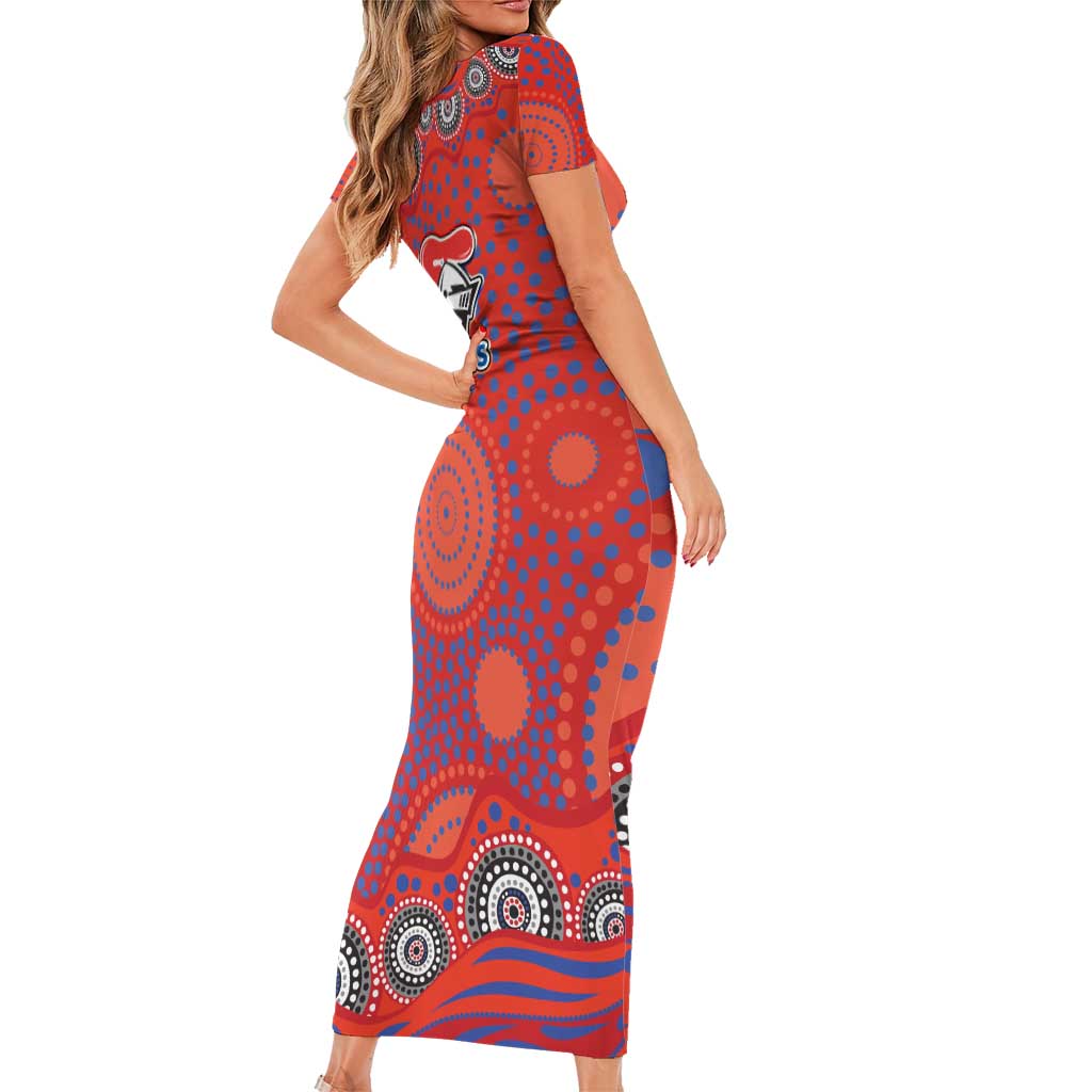 Newcastle Knights Short Sleeve Bodycon Dress Aboriginal Dot Pattern - Rugby Mascot Heritage Pride