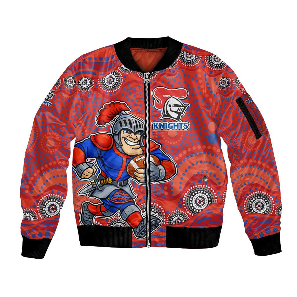 Newcastle Knights Sleeve Zip Bomber Jacket Aboriginal Dot Pattern - Rugby Mascot Heritage Pride