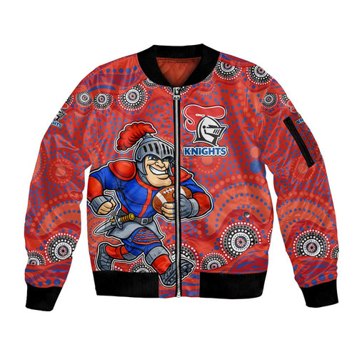 Newcastle Knights Sleeve Zip Bomber Jacket Aboriginal Dot Pattern - Rugby Mascot Heritage Pride