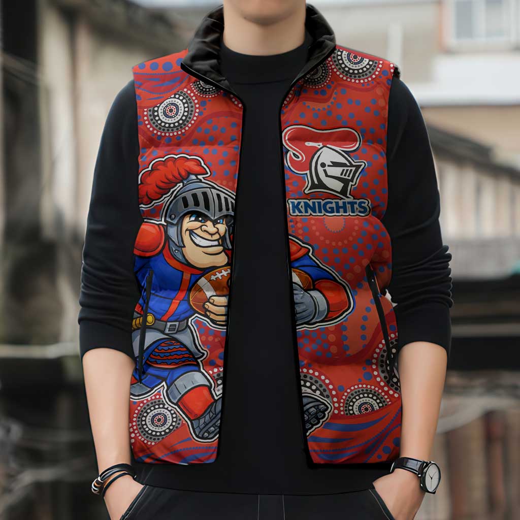 Newcastle Knights Sleeveless Puffer Jacket Aboriginal Dot Pattern - Rugby Mascot Heritage Pride