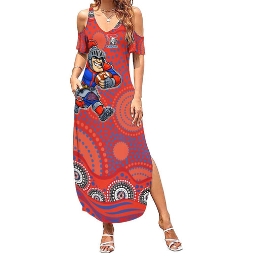 Newcastle Knights Summer Maxi Dress Aboriginal Dot Pattern - Rugby Mascot Heritage Pride