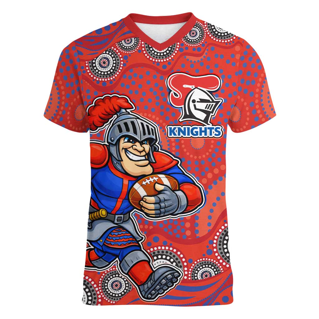 Newcastle Knights Women V-Neck T-Shirt Aboriginal Dot Pattern - Rugby Mascot Heritage Pride