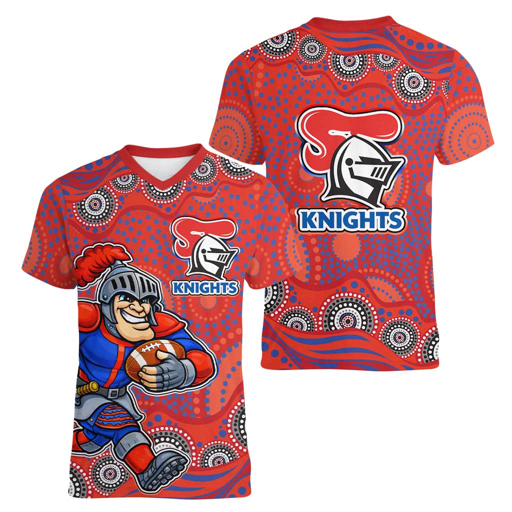 Newcastle Knights Women V-Neck T-Shirt Aboriginal Dot Pattern - Rugby Mascot Heritage Pride