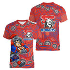 Newcastle Knights Women V-Neck T-Shirt Aboriginal Dot Pattern - Rugby Mascot Heritage Pride