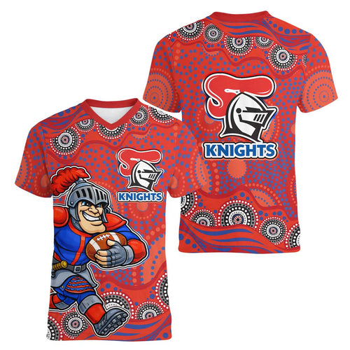 Newcastle Knights Women V-Neck T-Shirt Aboriginal Dot Pattern - Rugby Mascot Heritage Pride
