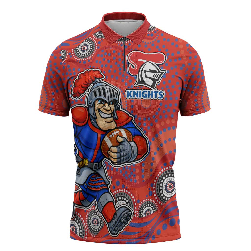 Newcastle Knights Zipper Polo Shirt Aboriginal Dot Pattern - Rugby Mascot Heritage Pride