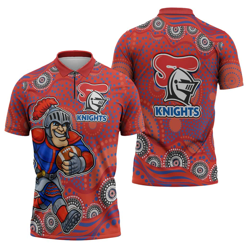 Newcastle Knights Zipper Polo Shirt Aboriginal Dot Pattern - Rugby Mascot Heritage Pride