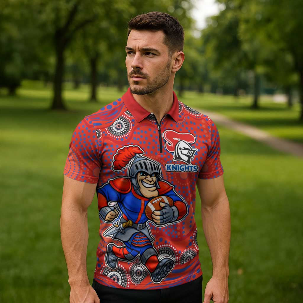 Newcastle Knights Zipper Polo Shirt Aboriginal Dot Pattern - Rugby Mascot Heritage Pride