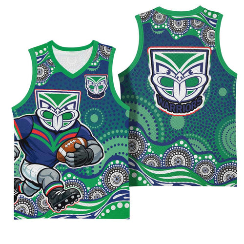 New Zealand Warriors Basketball Jersey Aboriginal Dot Pattern - Rugby Mascot Heritage Pride