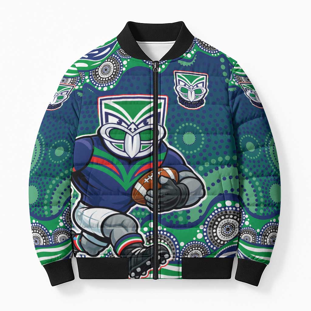 New Zealand Warriors Bomber Puffer Jacket Aboriginal Dot Pattern - Rugby Mascot Heritage Pride